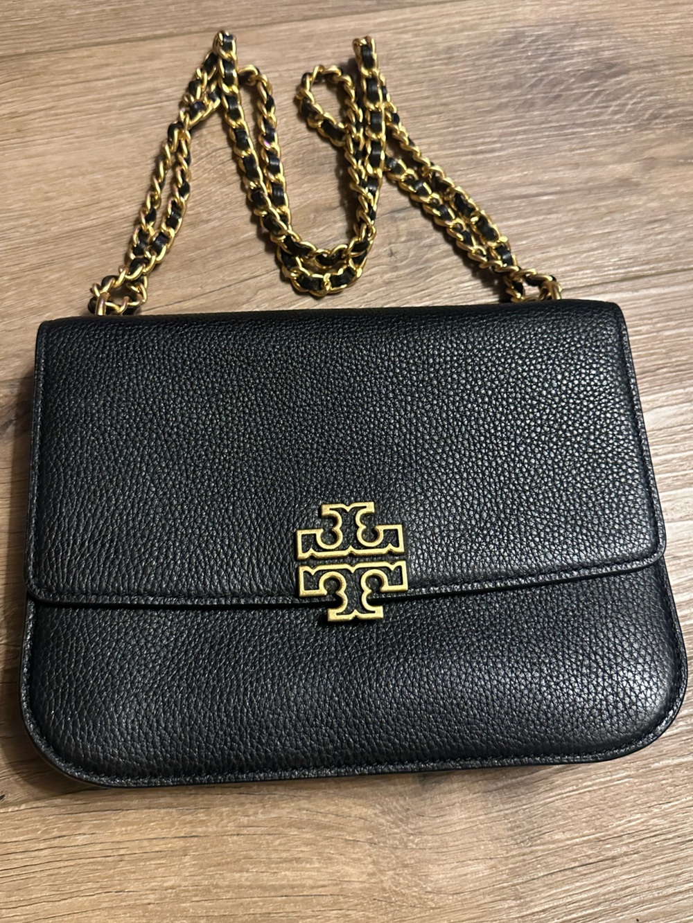 Tory Burch Black Leather Fleming-Style Crossbody with Gold Logo